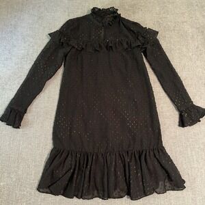Betsey Johnson Long Sleeve High Neck Ruffle Dress Black Sheer Sparkle Womens 2